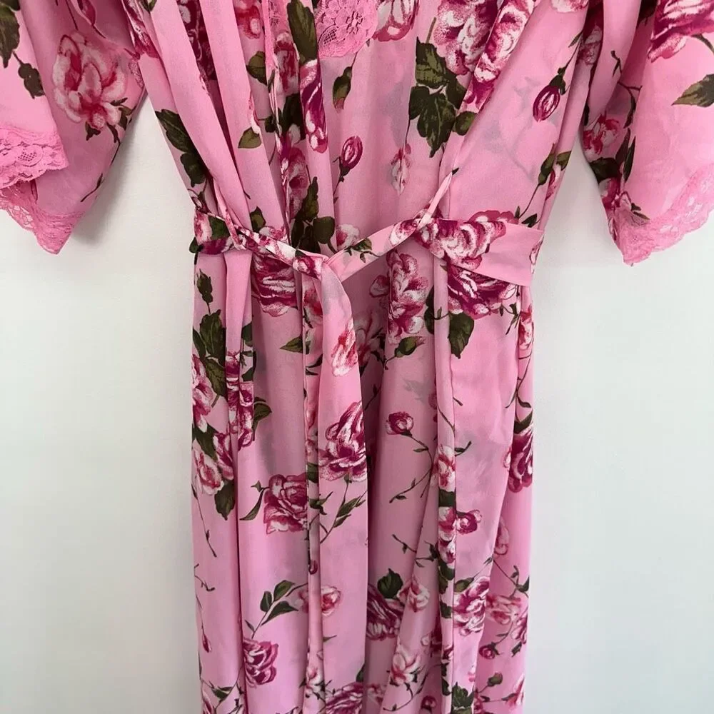 Woman Within Vintage Y2K 2 Piece Rose Printed Pink Lace Trim Slip Dress Robe Int